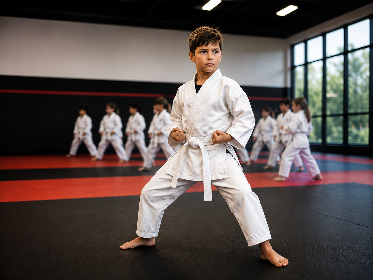 Young student in a white gi training at Assertive Defense Karate in Magnolia